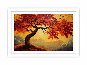 Expressive autumn tree canvas art with amber leaves for warm living room wall decor.