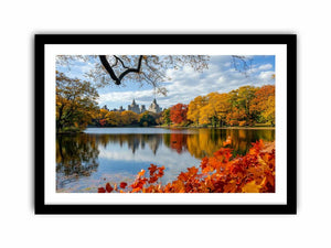 Central Park autumn photography canvas art with lake and skyline for modern wall decor.