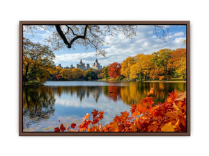 Central Park autumn photography canvas art with lake and skyline for modern wall decor.