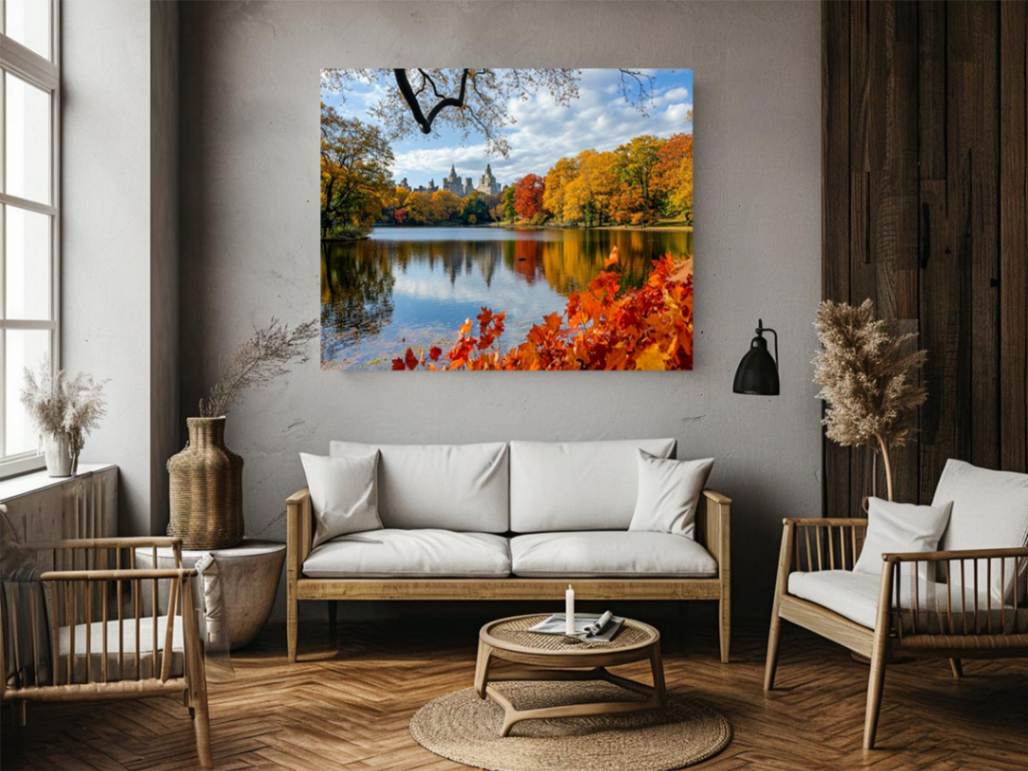 Central Park autumn photography canvas art with lake and skyline for modern wall decor.