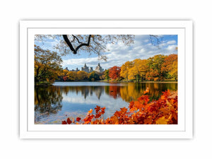 Central Park autumn photography canvas art with lake and skyline for modern wall decor.