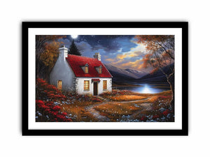 Moonlit cottage canvas art with red roof and mountains for cozy bedroom wall decor.