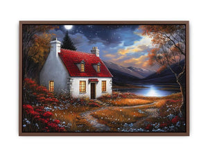 Moonlit cottage canvas art with red roof and mountains for cozy bedroom wall decor.