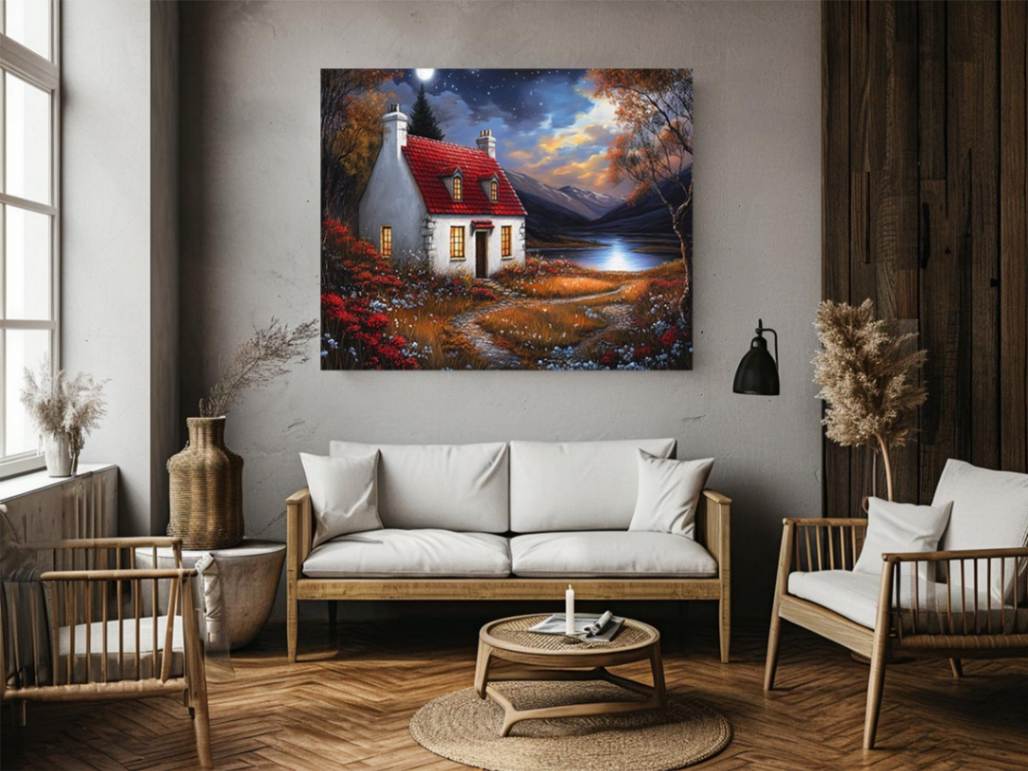 Moonlit cottage canvas art with red roof and mountains for cozy bedroom wall decor.