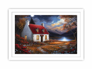 Moonlit cottage canvas art with red roof and mountains for cozy bedroom wall decor.