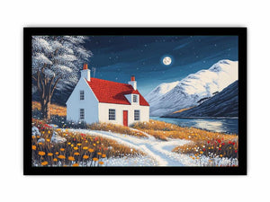 Winter cottage canvas art with snowy mountains and moonlight for cozy bedroom decor.