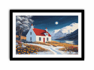 Winter cottage canvas art with snowy mountains and moonlight for cozy bedroom decor.
