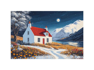 Winter cottage canvas art with snowy mountains and moonlight for cozy bedroom decor.