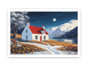 Winter cottage canvas art with snowy mountains and moonlight for cozy bedroom decor.