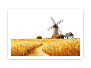 Farmhouse windmill canvas art with golden wheat field for rustic kitchen or dining decor.