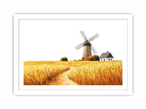 Farmhouse windmill canvas art with golden wheat field for rustic kitchen or dining decor.