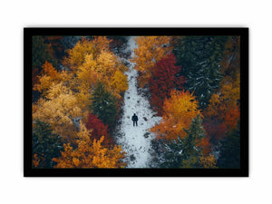 Aerial autumn forest canvas art with lone figure on path for modern living room decor.