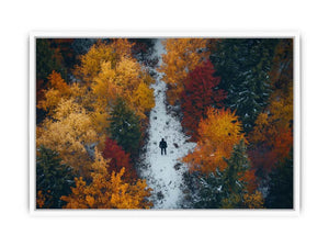 Aerial autumn forest canvas art with lone figure on path for modern living room decor.