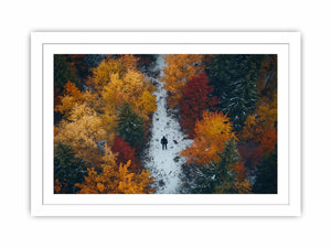Aerial autumn forest canvas art with lone figure on path for modern living room decor.
