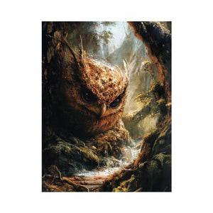Dramatic owl fantasy canvas art in a forest for moody office or living room decor.