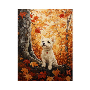 Cute white Westie dog canvas art in autumn forest for cozy home decor.