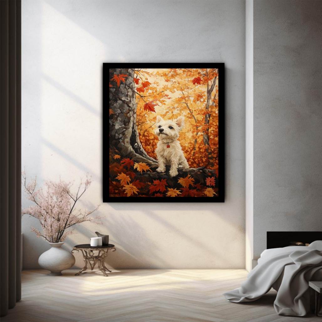 Cute white Westie dog canvas art in autumn forest for cozy home decor.