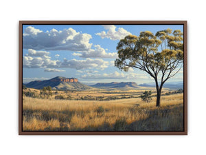 Wide golden outback landscape canvas art with gum tree for living room decor.