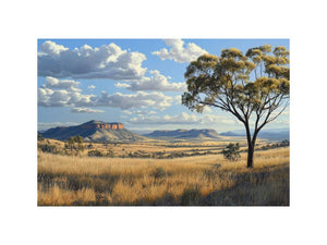 Wide golden outback landscape canvas art with gum tree for living room decor.
