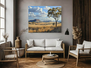 Wide golden outback landscape canvas art with gum tree for living room decor.