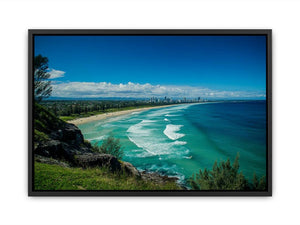 Turquoise coastal beach photography canvas art with skyline for modern living room decor.