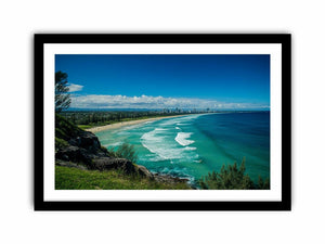 Turquoise coastal beach photography canvas art with skyline for modern living room decor.