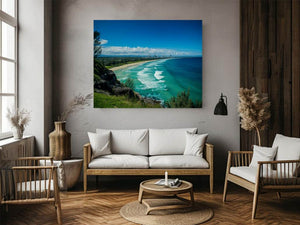 Turquoise coastal beach photography canvas art with skyline for modern living room decor.