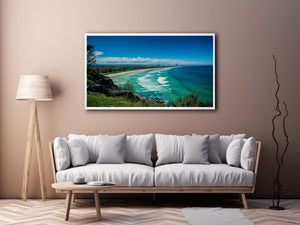 Turquoise coastal beach photography canvas art with skyline for modern living room decor.
