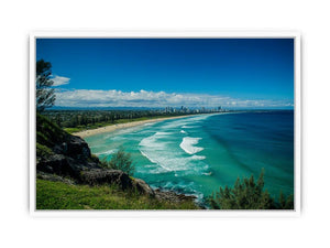 Turquoise coastal beach photography canvas art with skyline for modern living room decor.
