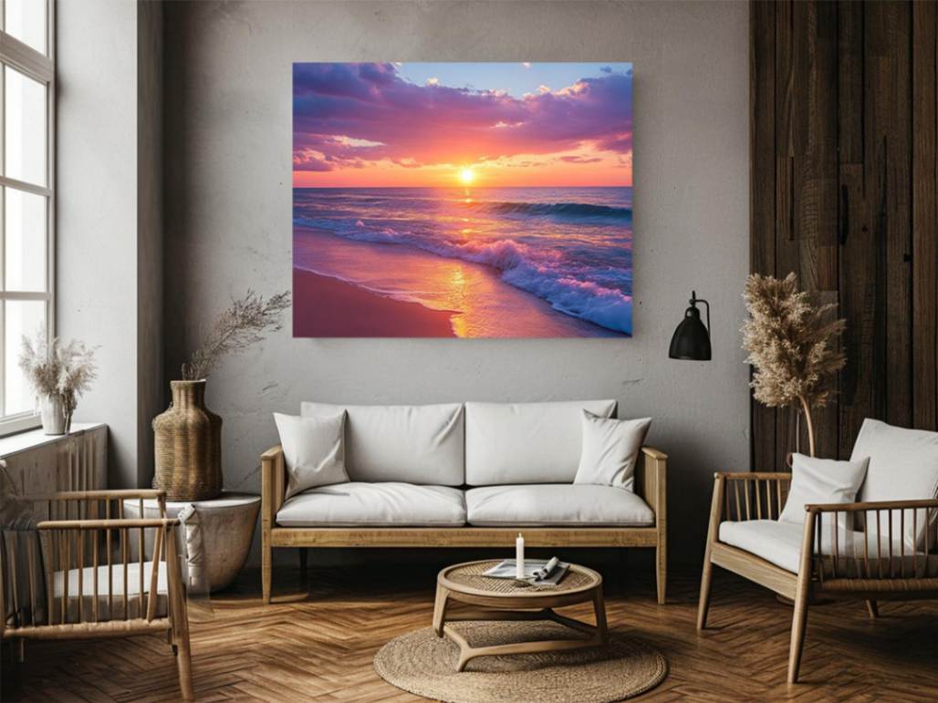 Peaceful ocean sunset canvas art with pink sky and waves for bedroom decor.