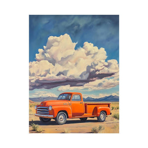 Orange vintage pickup truck canvas art in desert landscape for retro office decor.