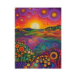 Colorful folk landscape canvas art with sun and flowers for cheerful home decor.