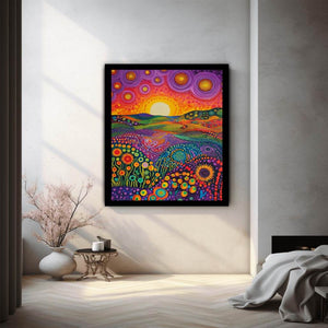 Colorful folk landscape canvas art with sun and flowers for cheerful home decor.