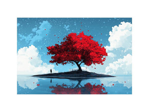 Minimal red tree canvas art on reflective water for modern living room decor.