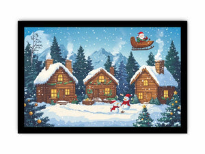 Festive Christmas village canvas art with cabins and Santa for cozy holiday decor.