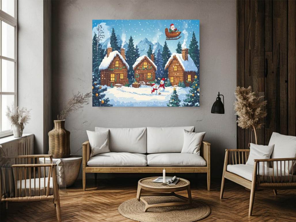 Festive Christmas village canvas art with cabins and Santa for cozy holiday decor.