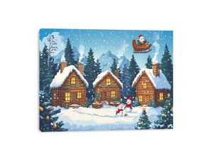 Festive Christmas village canvas art with cabins and Santa for cozy holiday decor.