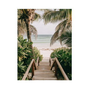 Tropical palm beach boardwalk photography canvas art for coastal bathroom decor.