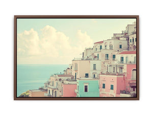 Pastel Mediterranean coastal town canvas art with sea view for elegant home decor.