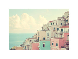 Pastel Mediterranean coastal town canvas art with sea view for elegant home decor.