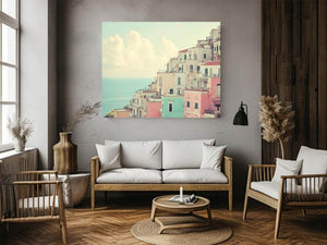 Pastel Mediterranean coastal town canvas art with sea view for elegant home decor.