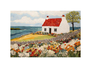 Coastal cottage canvas art with wildflower garden and ocean view for living room decor.