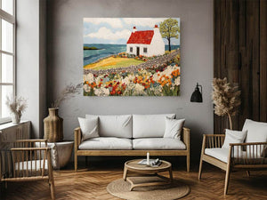Coastal cottage canvas art with wildflower garden and ocean view for living room decor.