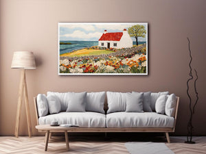 Coastal cottage canvas art with wildflower garden and ocean view for living room decor.