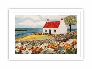 Coastal cottage canvas art with wildflower garden and ocean view for living room decor.