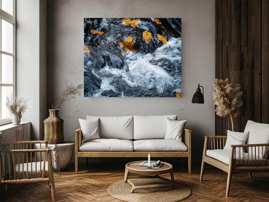 Rushing river photography canvas with autumn leaves for modern office or living room decor.