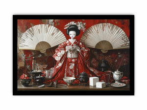 Asian still life canvas art with red kimono geisha doll, fans, tea set, and porcelain decor.