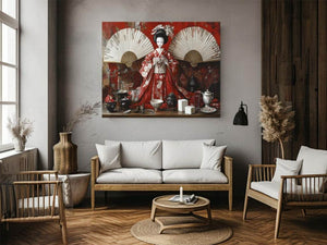 Asian still life canvas art with red kimono geisha doll, fans, tea set, and porcelain decor.
