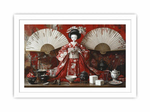 Asian still life canvas art with red kimono geisha doll, fans, tea set, and porcelain decor.