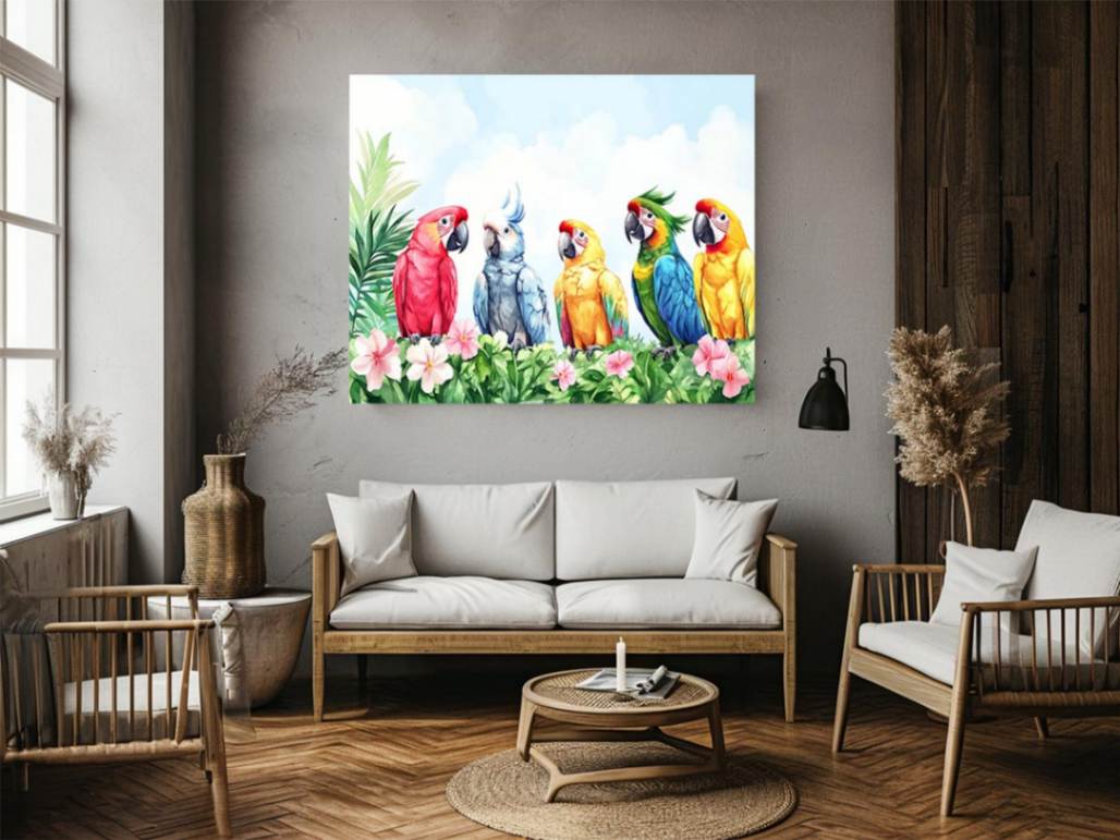 Colorful tropical parrot watercolor canvas art with flowers and leaves for nursery or living room decor.